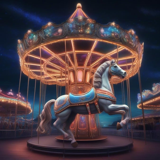 A serene night scene featuring an exquisitely detailed carousel horse standing majestically on a platform, with the bright lights and gears of the carousel in the background. This captivating image is sure to add a touch of whimsy to any desktop or mobile device under the category of 'Carnival'