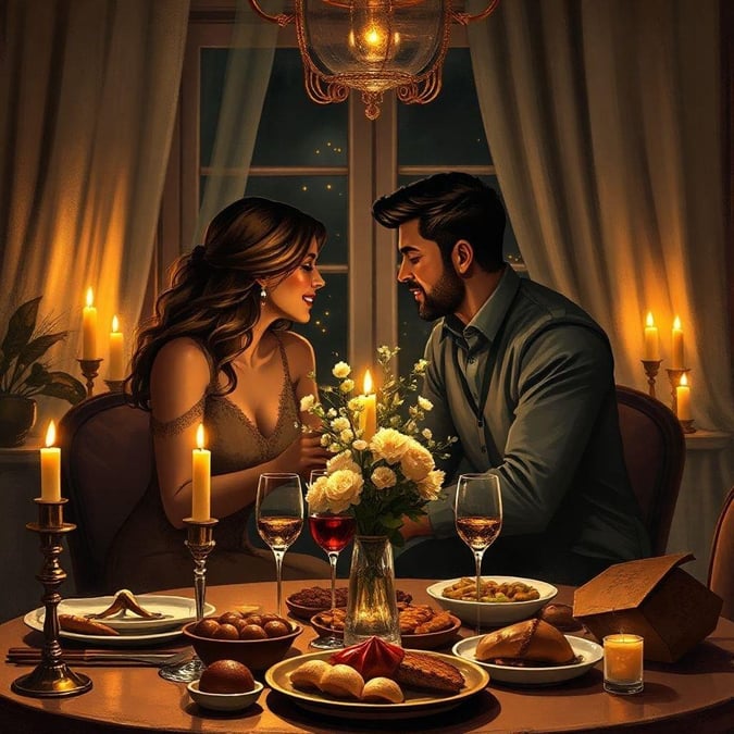 A romantic dinner for two, with a beautiful couple enjoying a candlelit meal together.