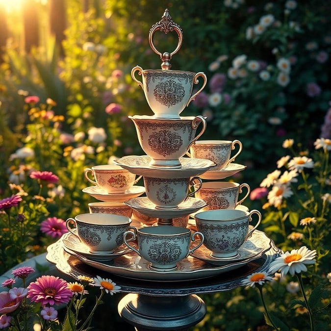 A charming scene of afternoon delight, with an elegant three-tiered teapot and matching cups set against the backdrop of a floral garden. Perfect for your desktop or mobile device.