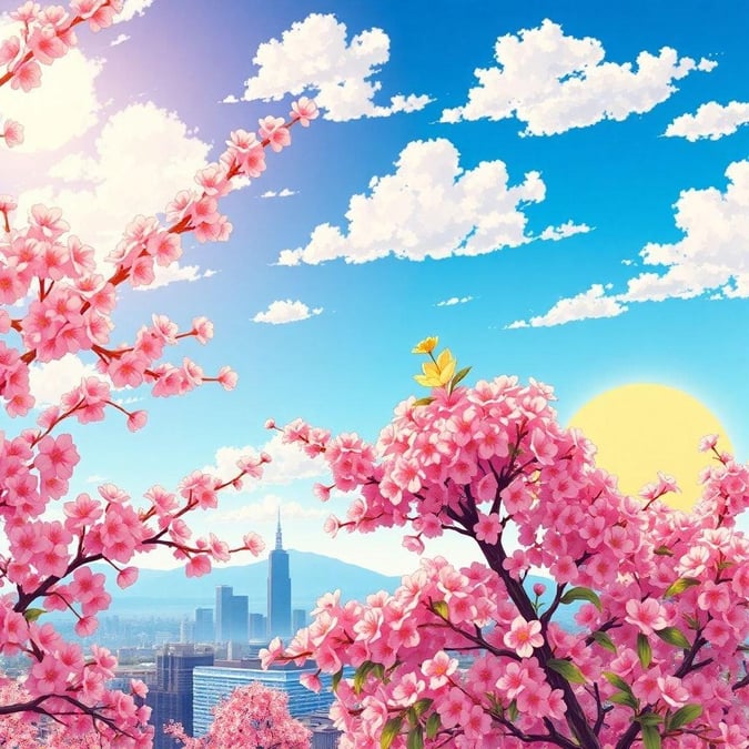 This wallpaper features a stunning anime-inspired cherry blossom scene, with a vibrant pink flowering bush and a small yellow flower on top, set against a serene blue sky with white clouds. The dark silhouette of a city skyline is visible in the background, adding depth to the image. The warm orange glow of the sunset creates a cozy and inviting atmosphere, making this wallpaper perfect for desktop and mobile use.