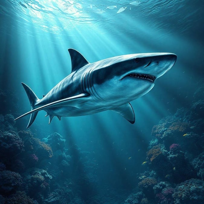 The majestic great white shark swims alone through the depths, a silent predator of the ocean.