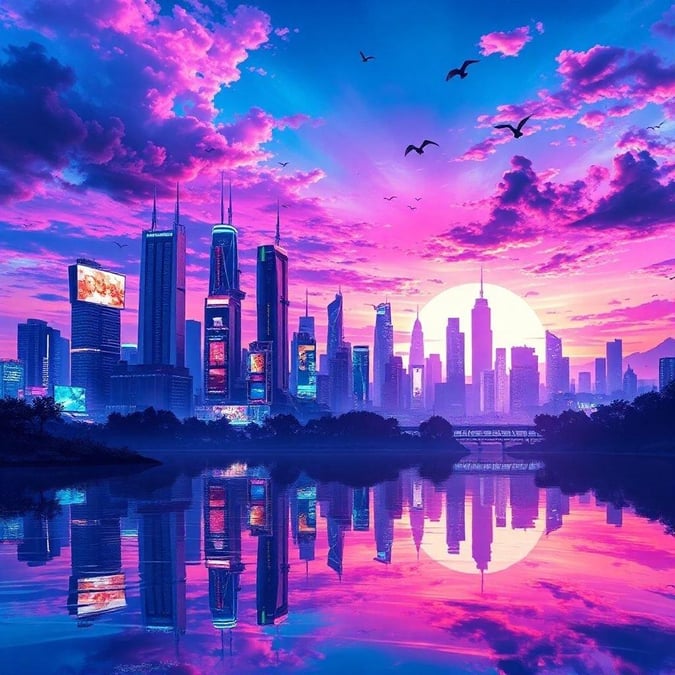 Experience the breathtaking beauty of an anime cityscape at sunset, where vibrant neon lights dance across the tranquil lake's surface, creating a mesmerizing display of color and light.