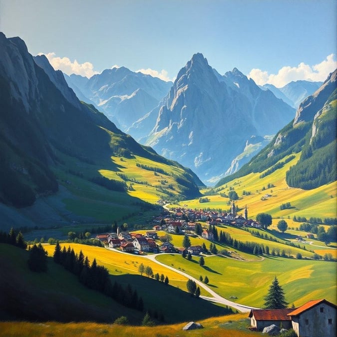 A serene landscape of a small village nestled in the mountains, surrounded by lush greenery and towering trees, with a few buildings visible in the distance, under the category of Landscapes.