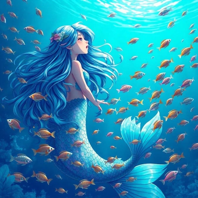 Immerse yourself in the enchanting world of anime with this captivating mermaid illustration, where vibrant colors and a magical atmosphere come together to create a truly unforgettable scene.