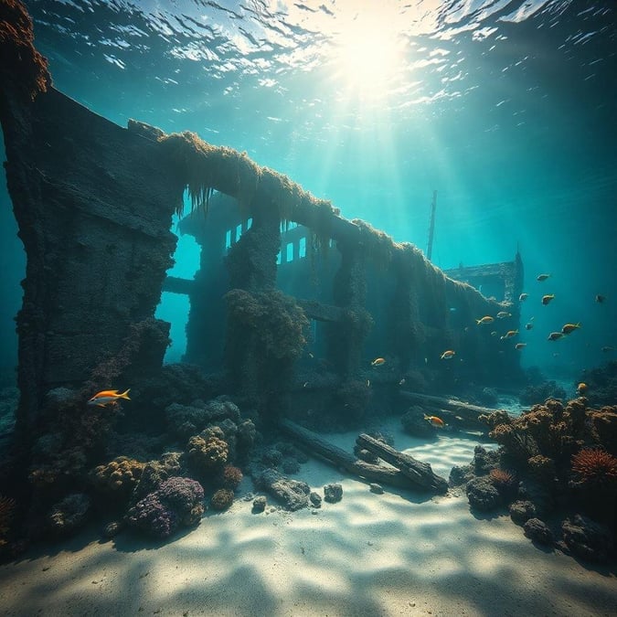 This stunning wallpaper showcases an underwater scene with a sunken ship, teeming with marine life. The vibrant colors and intricate details make it a captivating visual treat.