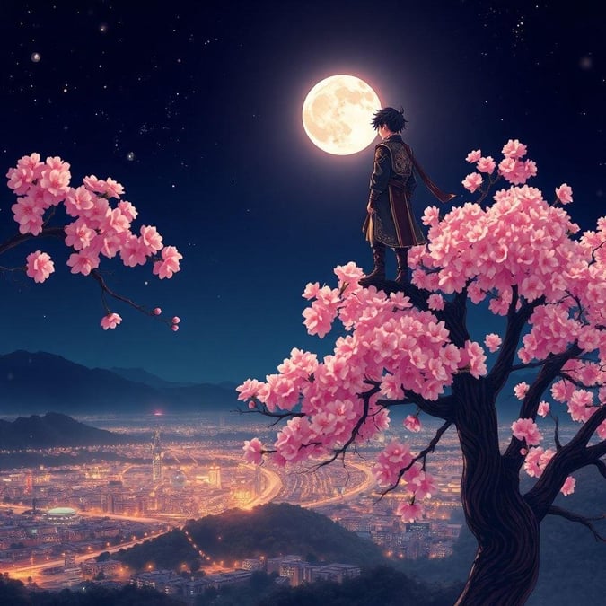 This anime-inspired wallpaper features a young ninja warrior perched on a cherry blossom tree, gazing out at the moonlit city below. The warm hues and dark background create an anime-like atmosphere, perfect for fans of the genre.