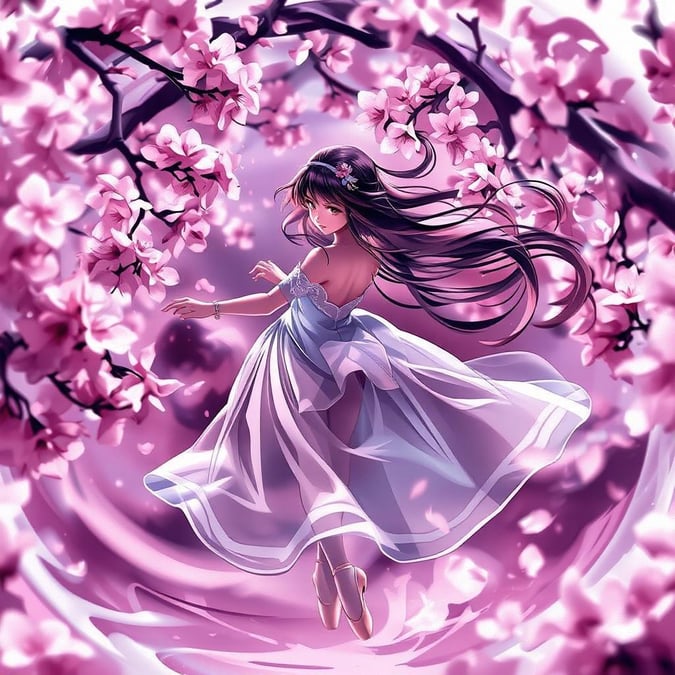 This beautifully rendered anime-style wallpaper features a graceful ballerina twirling amidst a whirl of vibrant pink cherry blossom petals. The ethereal beauty of the scene is enhanced by the flowing motion of the dancer's hair, which cascades down her back, adding a sense of movement to the image.