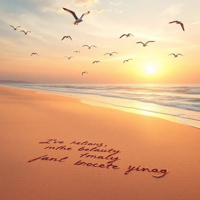 A picturesque sunset over an empty beach, with several seagulls soaring in the sky. A poignant quote written on the sand completes the serene scene.