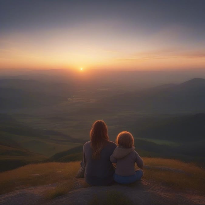 This beautiful wallpaper captures a heartwarming moment of a mother and child watching the sunset together. The serene landscape, with rolling hills and a vibrant sky, creates a peaceful atmosphere that evokes feelings of love and connection.