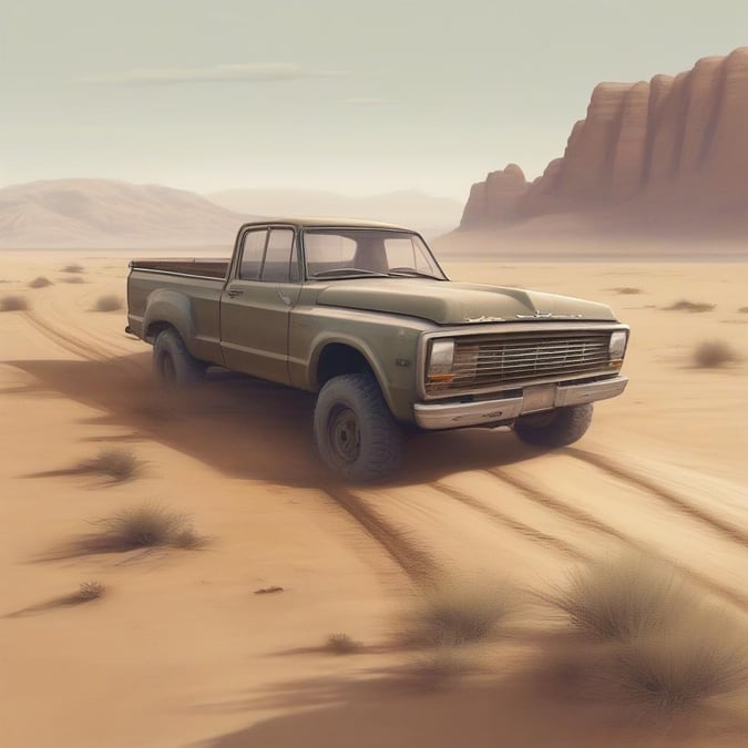 Embark on a journey through the desert with this classic four-wheel drive truck. Built for endurance, this sturdy ride will take you wherever adventure calls.