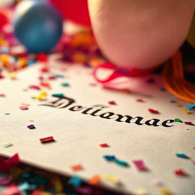 This festive image captures the joy and achievement of graduation day. A diploma proudly displayed on a table surrounded by colorful confetti, symbolizing the completion of an important milestone.