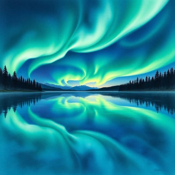 Ethereal northern lights dance on the water surface, painting a tranquil scene by dusk.