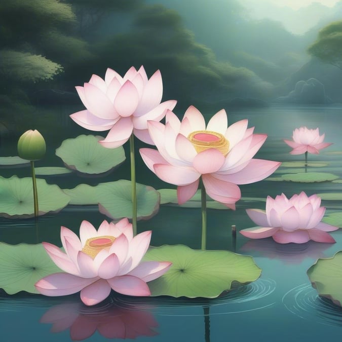 This serene wallpaper features a stunning arrangement of lotus flowers floating gracefully on the surface of a pond. The soft, pastel hues of the flowers create a calming and peaceful atmosphere, perfect for those seeking inspiration and wellness. The image is a beautiful representation of nature's beauty and tranquility, making it an ideal choice for anyone looking to bring a touch of serenity to their digital space.