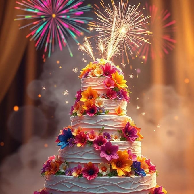 A vibrant birthday cake with rainbow sprinkles set against a backdrop of colorful fireworks, perfect for a festive celebration.