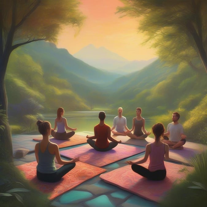 A serene yoga session under the sunset amidst a breathtaking mountain backdrop.