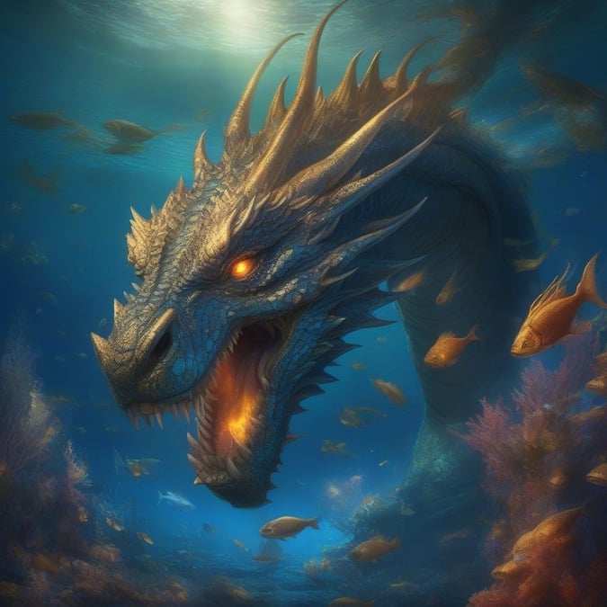 This 3D artwork captures the majestic power of an undersea dragon. The creature, with its scales shimmering in hues of blue and green, is the centerpiece of this deep sea adventure. Its mouth agape, it roars, creating a powerful display against the backdrop of vibrant marine life.