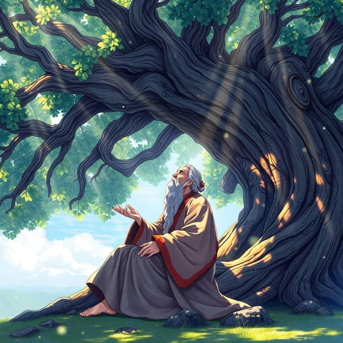 Step into a world of tranquility with this captivating wallpaper, featuring an enigmatic sage basking in the serene ambiance of a majestic tree.