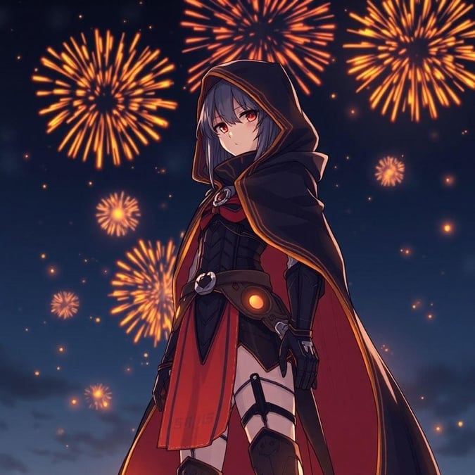 This anime wallpaper features a majestic shoujo standing tall in a night sky, clad in black and red armor, with a hooded cloak and a hooded cloak. The cloak is a canvas of bright orange and yellow fireworks, illuminating the dark night sky behind it. The shoujo's determined pose and the fireworks create an Anime-like image.