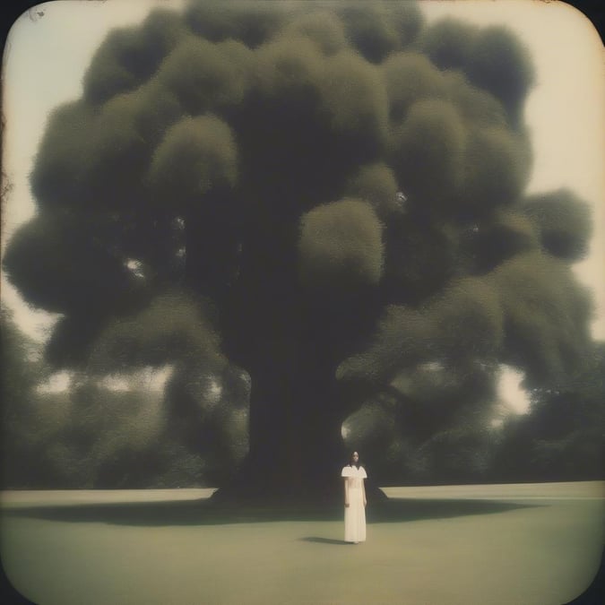 A nostalgic graduation scene set against the backdrop of a grand tree with round growths. The person, dressed in traditional graduation attire, stands alone beneath this timeless symbol, evoking feelings of achievement and transition.