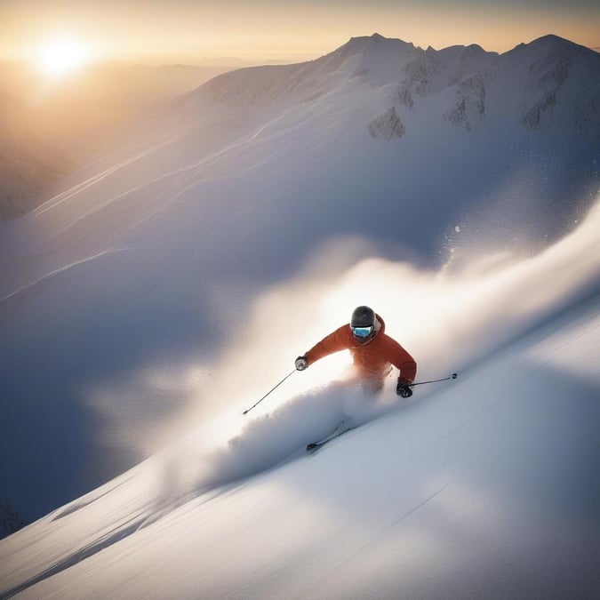 A dynamic scene from the world of winter sports, with a skier carving through the snowy slopes at sunset. The ski tracks behind them suggest speed and precision, capturing the thrill of this exhilarating sport.