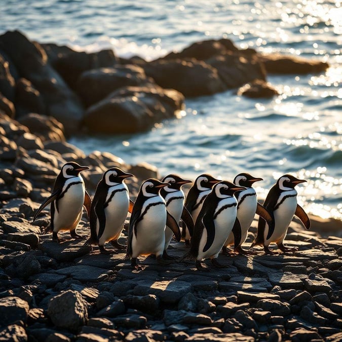 These adorable penguins are enjoying the sun on their backs as they waddle along the rocky shore. The sunlight glistens off the water, creating a beautiful scene that's perfect for a desktop or mobile wallpaper.