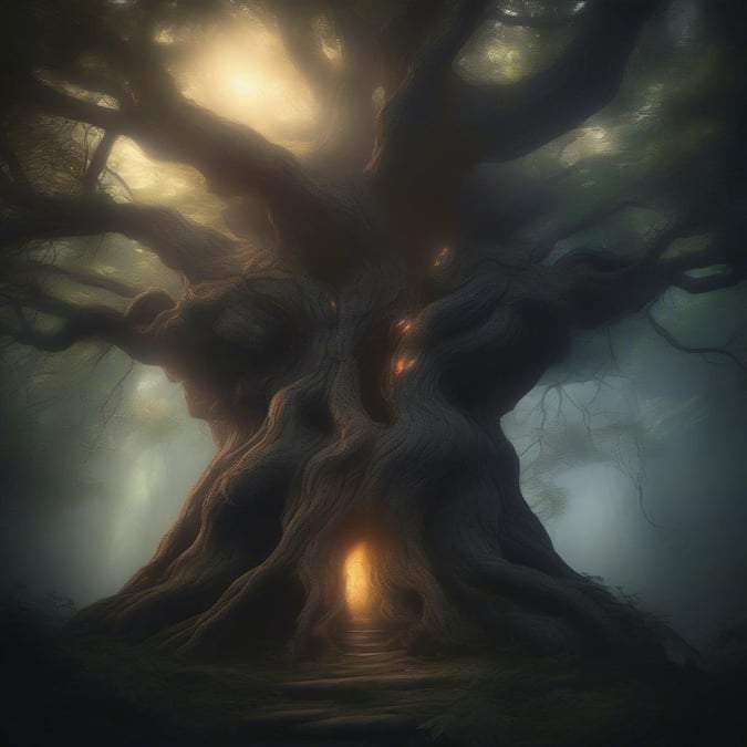 Welcome to a mystical realm where nature's artistry takes center stage. This ancient tree stands guard, its twisted branches reaching out towards the sky like an invitation to explore what lies beyond.