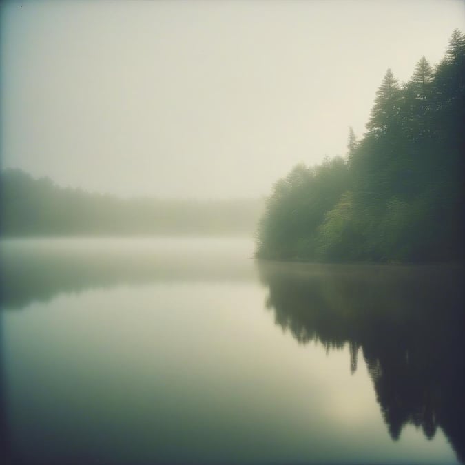 A tranquil forest landscape, captured during the dawn or dusk hours when mist rises from the lake surface to blanket the area in a soft veil.