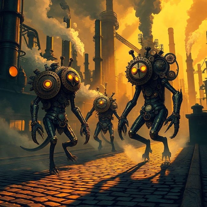 Six robotic creatures roam the streets of an industrial revolution era, their glowing eyes suggesting they are awake despite being decommissioned.