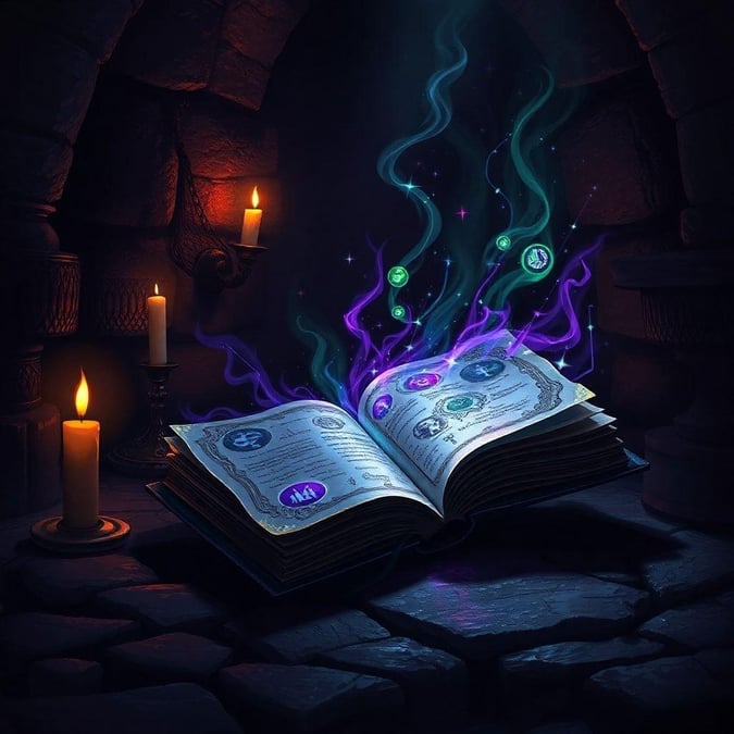 A magical book of spells on a candlelit table, casting an eerie glow with wizardly symbols floating above.