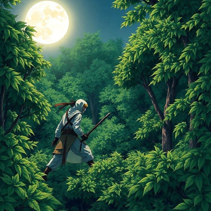 This anime illustration depicts a lone ninja sneaking through a dense forest, illuminated by the moonlight. The ninja's green and brown attire blends seamlessly with the surroundings, while the moonlight adds a touch of magic to the scene.