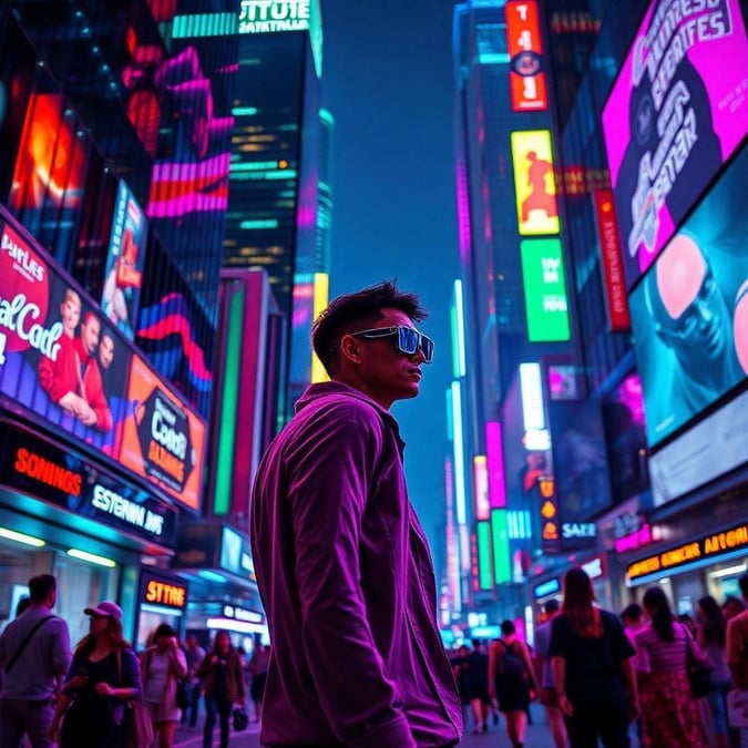 This is the city that never sleeps, a cyberpunk nightscape under a sea of glowing signs and neon lights. The future meets the present on this bustling street where every moment seems to be a digital dream come to life.