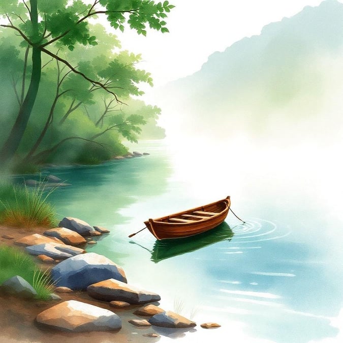 A tranquil scene on the water, where a small boat rests by the shore amidst nature's serenity.