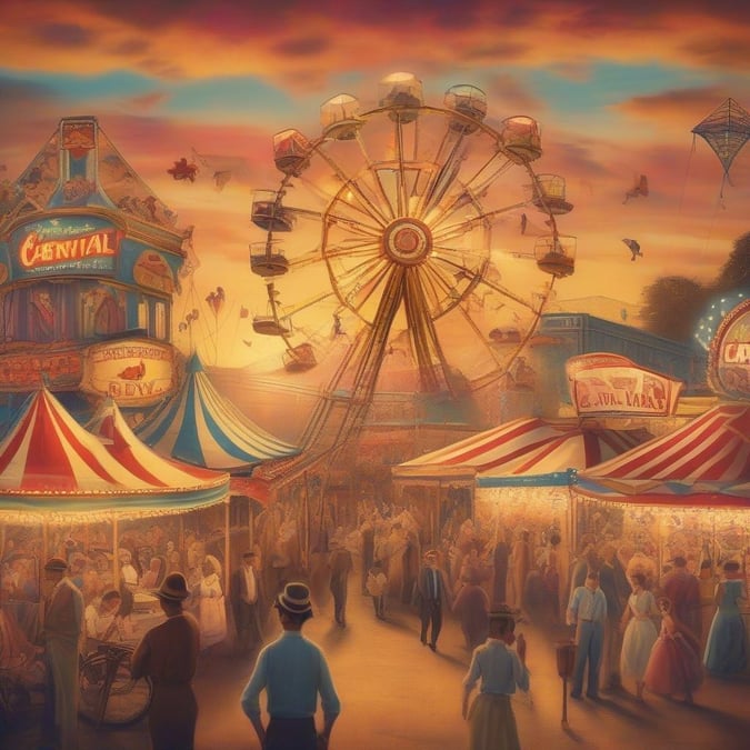 The warm glow of the sun sets over an old-time carnival, filled with the sights and sounds of vibrant attractions.