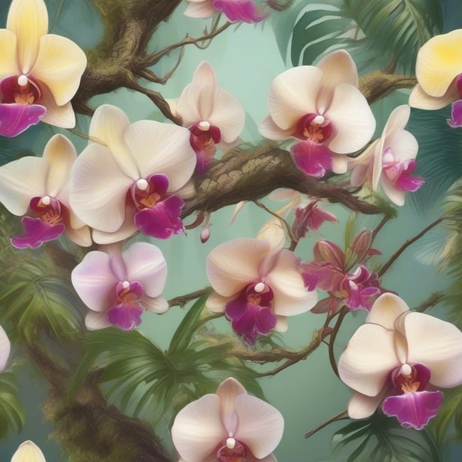 A beautiful and colorful wallpaper featuring orchids and tropical leaves, perfect for adding a touch of nature to your desktop or mobile device.