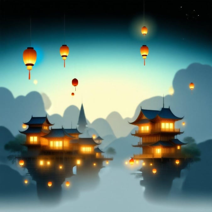 A serene Chinese village at dusk, with lantern-lit houses reflecting on the water. The tranquil scene is bathed in a soft glow, accentuating the details of traditional architecture.