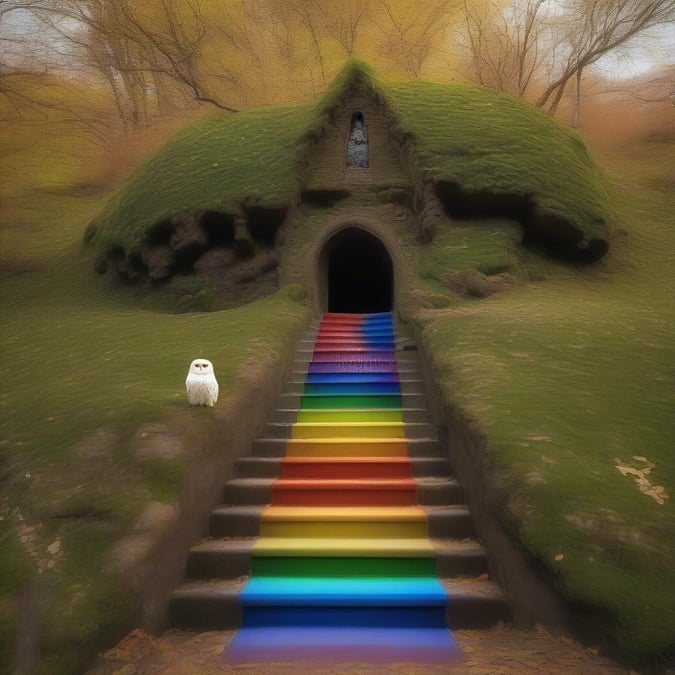 A whimsical St. Patrick's Day-themed image featuring a magical rainbow stairway leading to an old stone door, with a cute white owl perched on the steps.