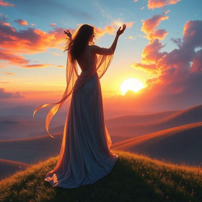 A mystical figure basks in the golden hues of a sunrise, standing as a beacon on a hilltop. This fantasy creature exudes an ethereal beauty that could only be found in the realms of imagination.