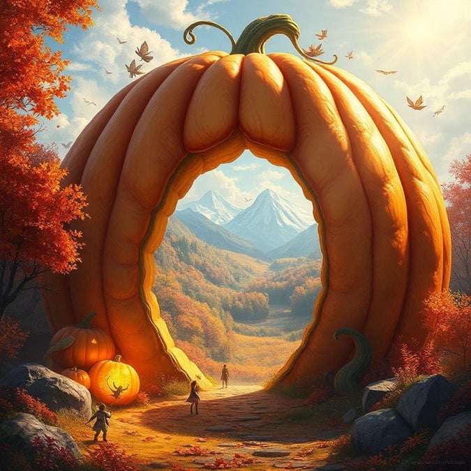 This beautiful wallpaper captures the essence of Thanksgiving with a stunning pumpkin arch in the middle of a field. The vibrant orange pumpkins are perfectly arranged to create a festive and inviting atmosphere, making it a great addition to any room.