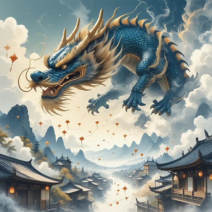 A majestic anime-style dragon soars above a bustling village nestled at the foot of towering mountains. The scene is set against the backdrop of traditional Japanese architecture, where kites dance in the sky, adding to the tranquility of this peaceful moment captured in time.