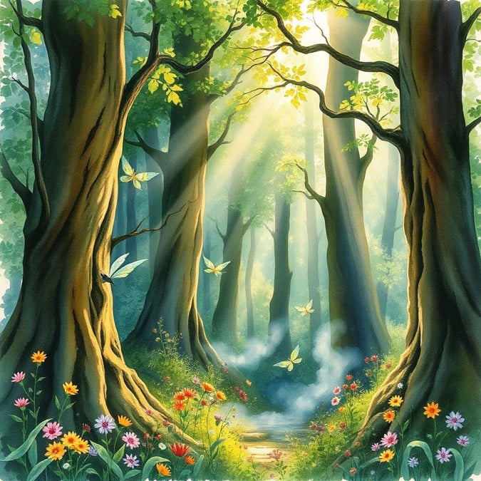 Embark on a journey through the mystical woods, where fairies flutter amidst the lush greenery and the sun casts a serene glow. This wallpaper captures the essence of nature's magic and tranquility.