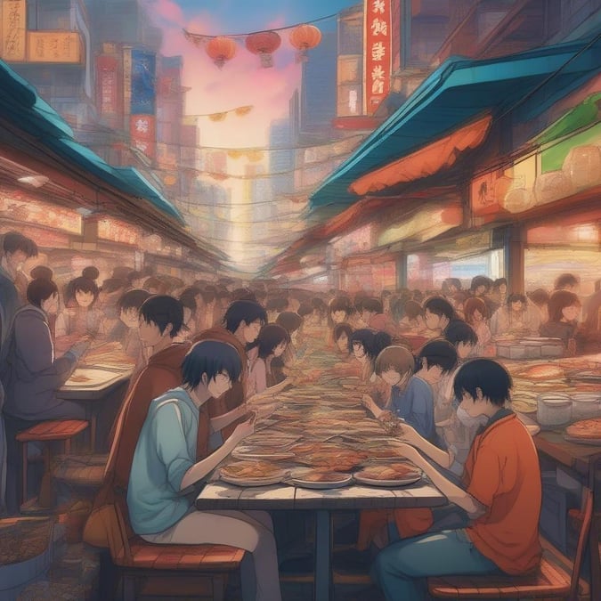 A lively scene from an anime series where several characters gather around food stalls in a bustling marketplace, engaging in conversation and enjoying their meals.