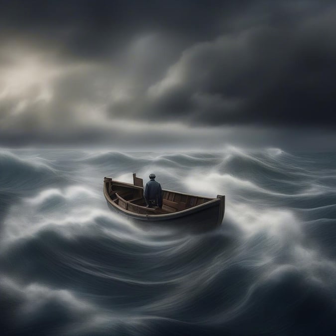 A serene scene where solitude meets nature, as a lone traveler ventures out on the choppy waves.