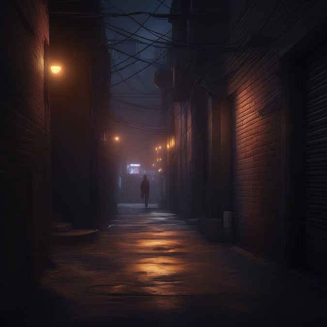 A quiet city alley at dusk, with the glow from streetlights creating a moody ambiance.