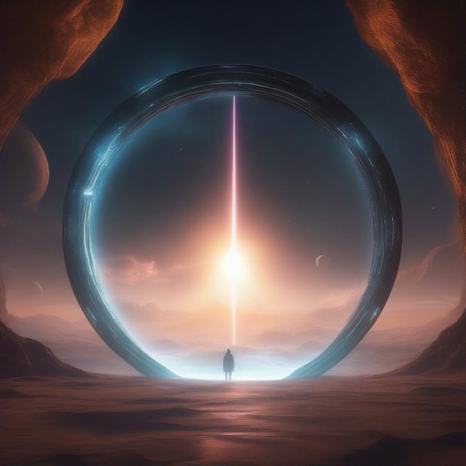 Explore the unknown with this sci-fi landscape featuring a cosmic portal in the desert.