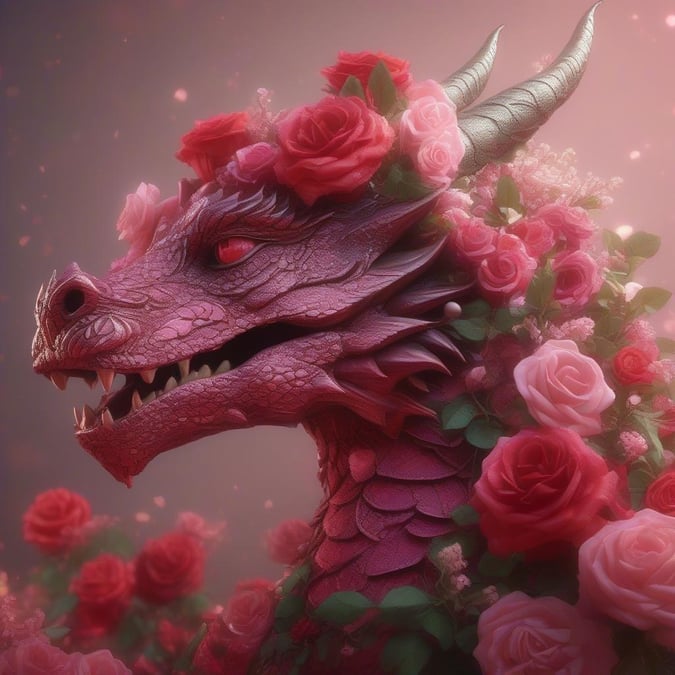 This image captures the essence of Valentine's Day, blending a fierce dragon with the elegance of roses. The dragon's scales have been replaced by petals of red and pink roses, creating a majestic and beautiful creature that symbolizes love and passion.