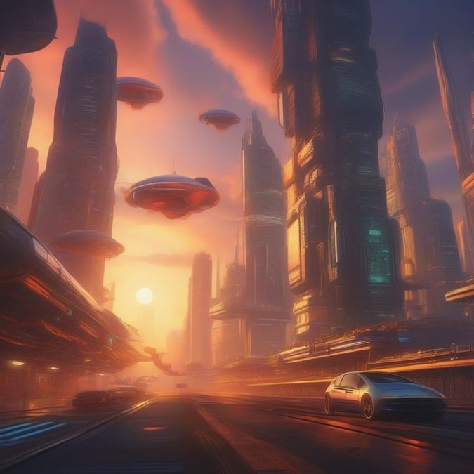 A futuristic city street at sunrise, with flying cars zipping through the air and a variety of high-tech buildings on either side. The scene conveys a sense of vibrant life in a bustling metropolis that's both retro-futuristic and teeming with advanced technology.