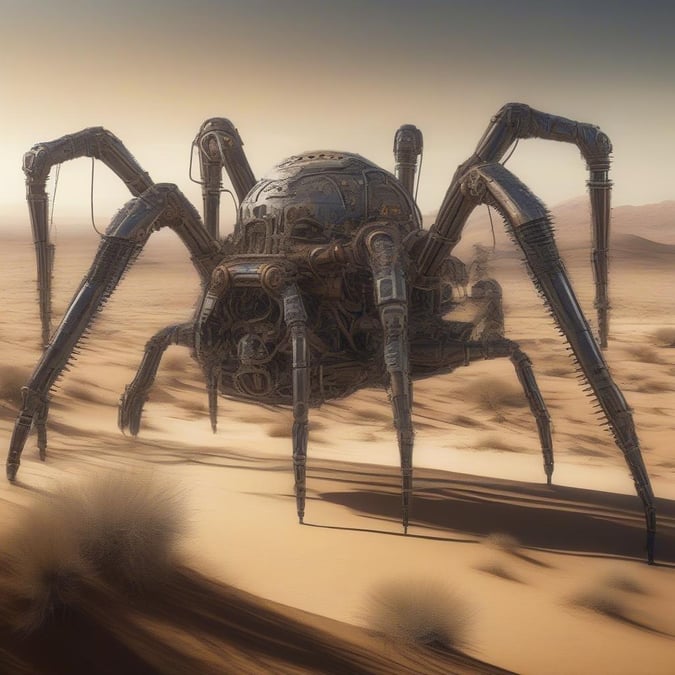 This 3D art wallpaper features a mechanical spider in the desert. The spider is made of metal and has a futuristic look. It is standing in the middle of the desert, with sand dunes and rocks surrounding it. The sky is a light brown color, and the sun is shining down on the spider.