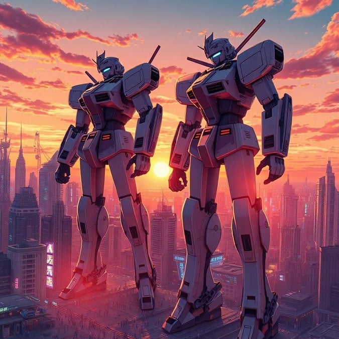 Immerse yourself in the vibrant world of anime with this stunning sunset cityscape wallpaper, featuring towering robots amidst a bustling metropolis.