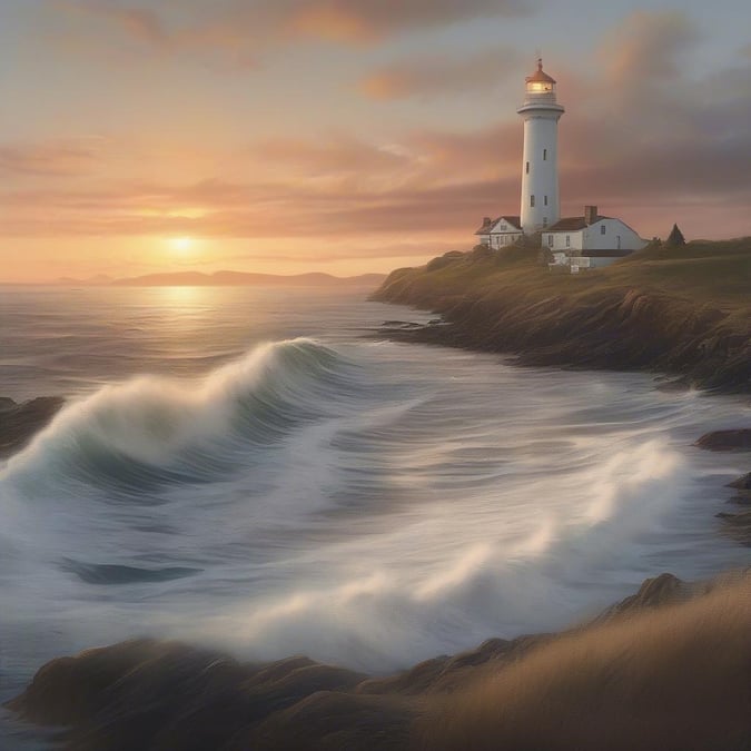 A picturesque lighthouse overlooking the ocean during sunset, with gentle waves lapping against the shore.