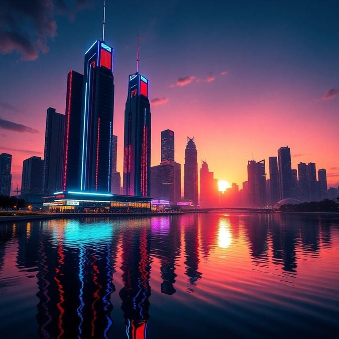 Bright lights from buildings reflect on the water at dusk, creating a stunning urban sunset scene.